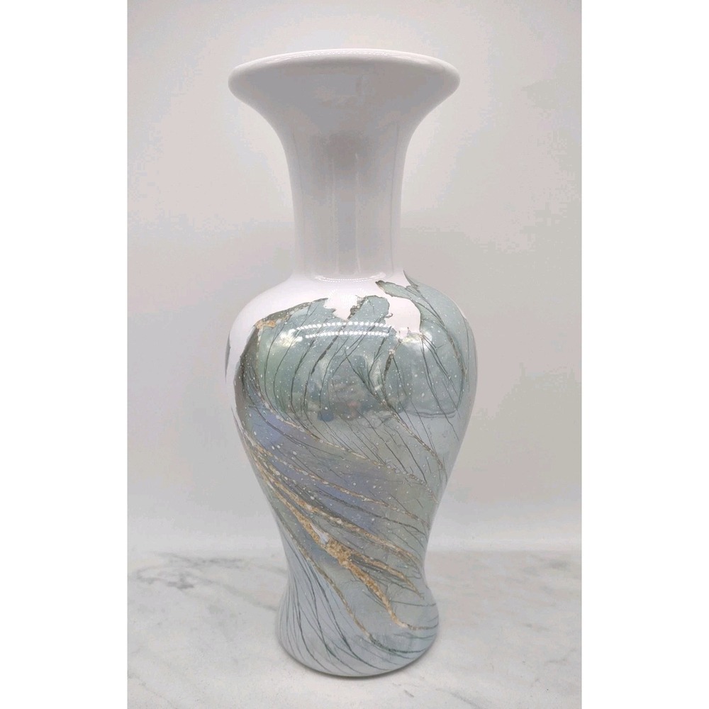Large Vtg Haeger Pottery White Green Gold Abstract Swirl Ceramic Vase 12.5" 1999